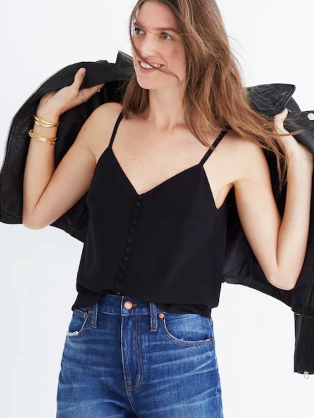 Madewell Black Silk Button-Front Cami Top